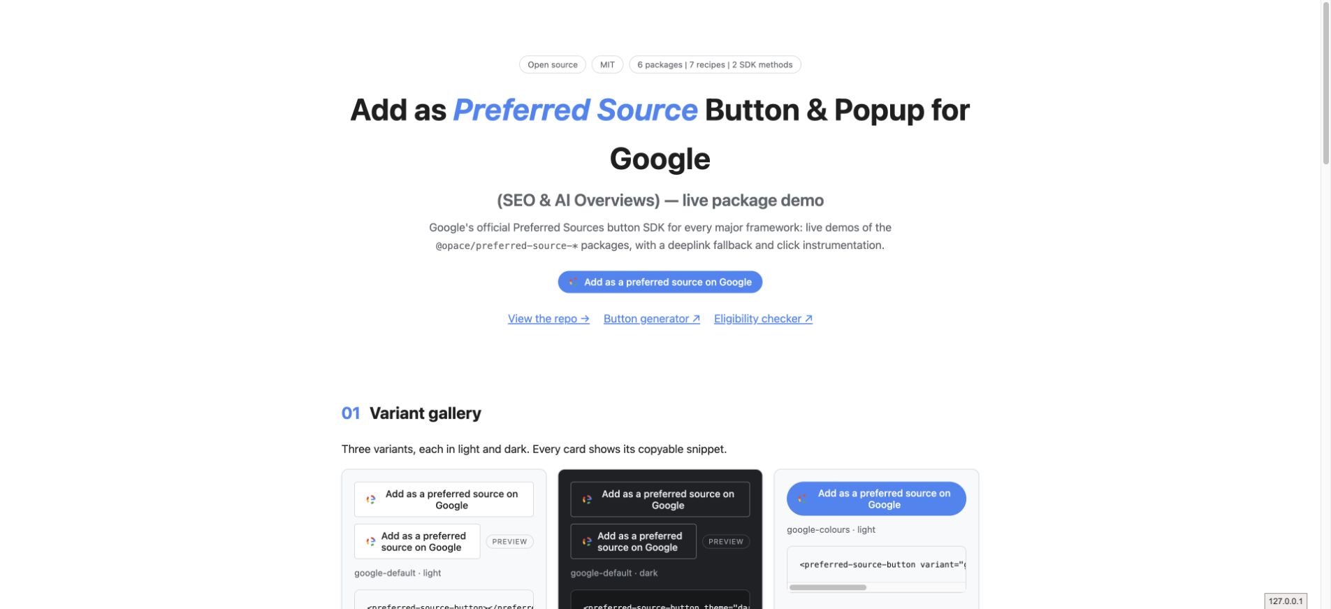 Rendered Preferred Sources component demo showing the Google-colours trigger, fallback explanation and package status